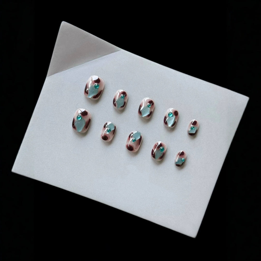 Artistic Press-On Nail Art Set with Luxe Gem Accents