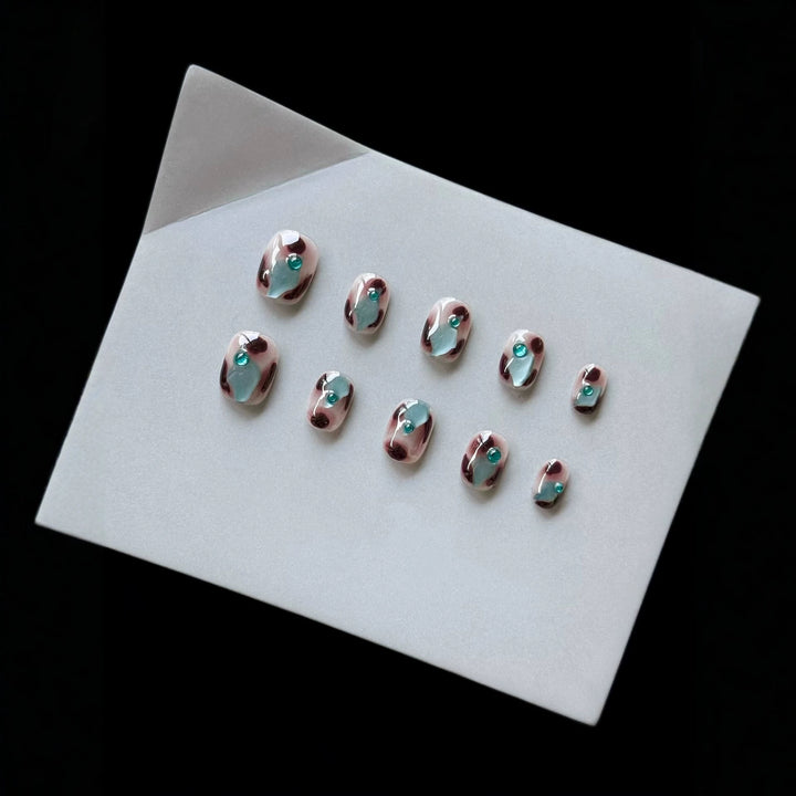 Artistic Press-On Nail Art Set with Luxe Gem Accents