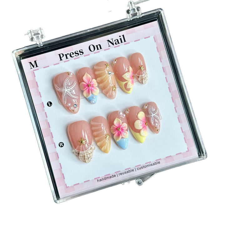 Artistic Press-On Nail Set with Floral and Shell Designs