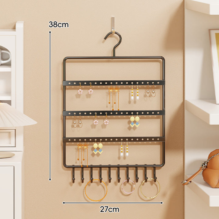 Wall-Mounted Multi-Tier Jewelry Organizer with Tiered Rods and Hanging Hooks