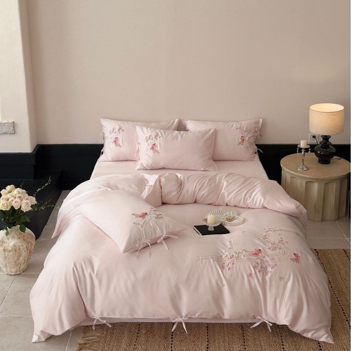 Embroidered satin bedding set with ribbon ties and delicate floral embroidery Kalsten