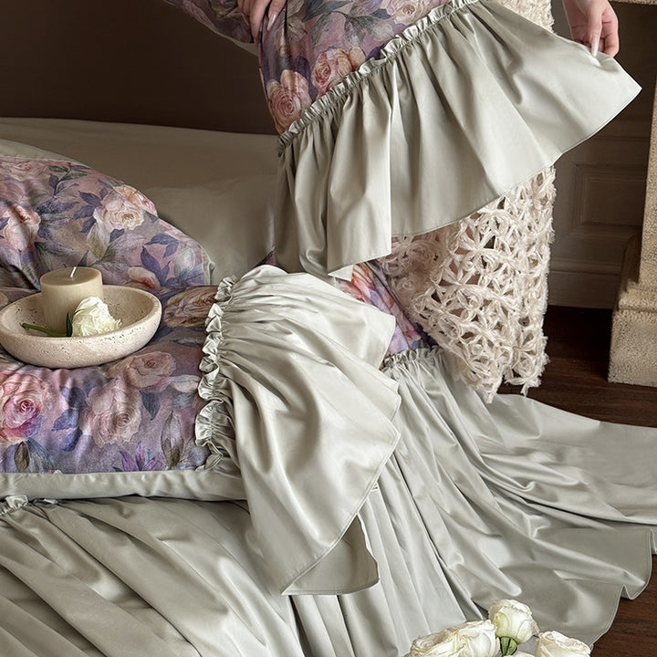 Bedding set made of cotton satin with lavish frills and floral watercolor print