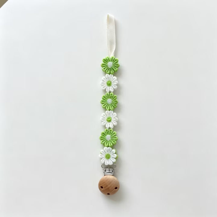 Crochet Floral Pacifier Clip with Wooden Bead Clip