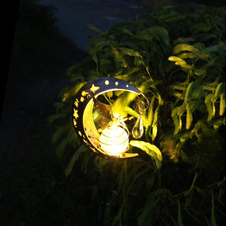 Decorative Crescent Moon Solar Garden Stake Lamp With Hanging Crystal Orb And Butterfly Kalsten