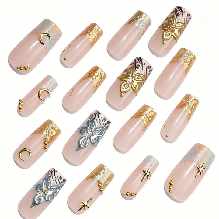 Luxurious artificial nail set with creative floral design and golden accents Kalsten