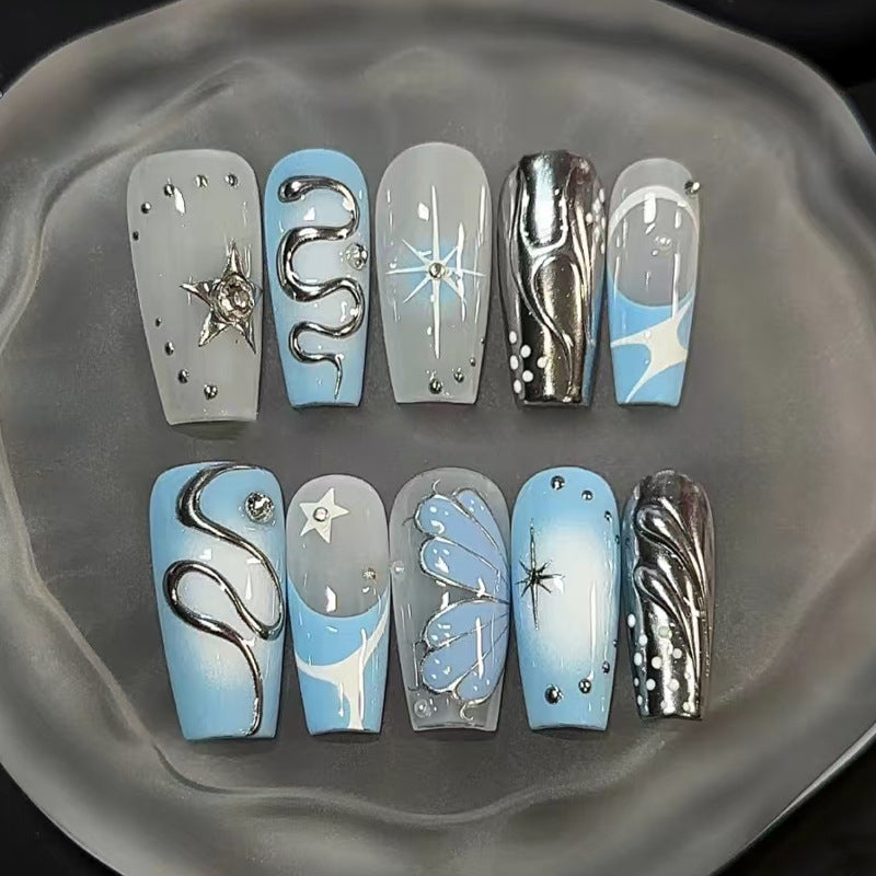 Artistic Press-On Nail Art Set with Geometric Patterns