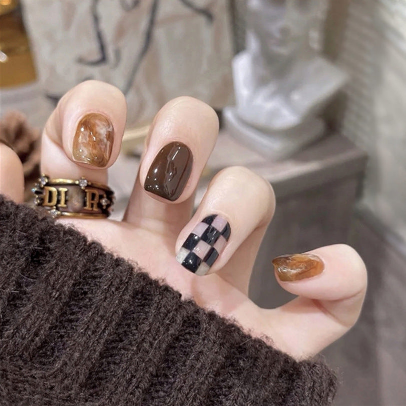 Artistic Press-On Nails with Marble and Checkerboard Design