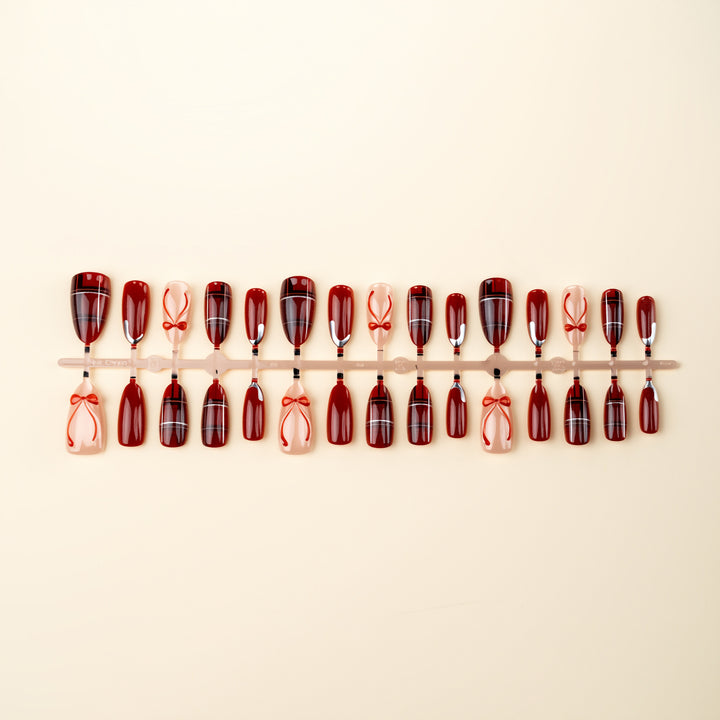 Festive Themed Press-On Nail Art Set with Bow and Plaid Designs Kalsten