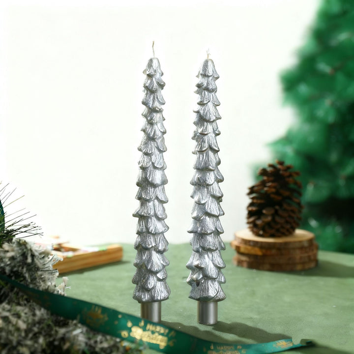 Sculpted Evergreen Tree Taper Candle Set Decorative Holiday Table Candles