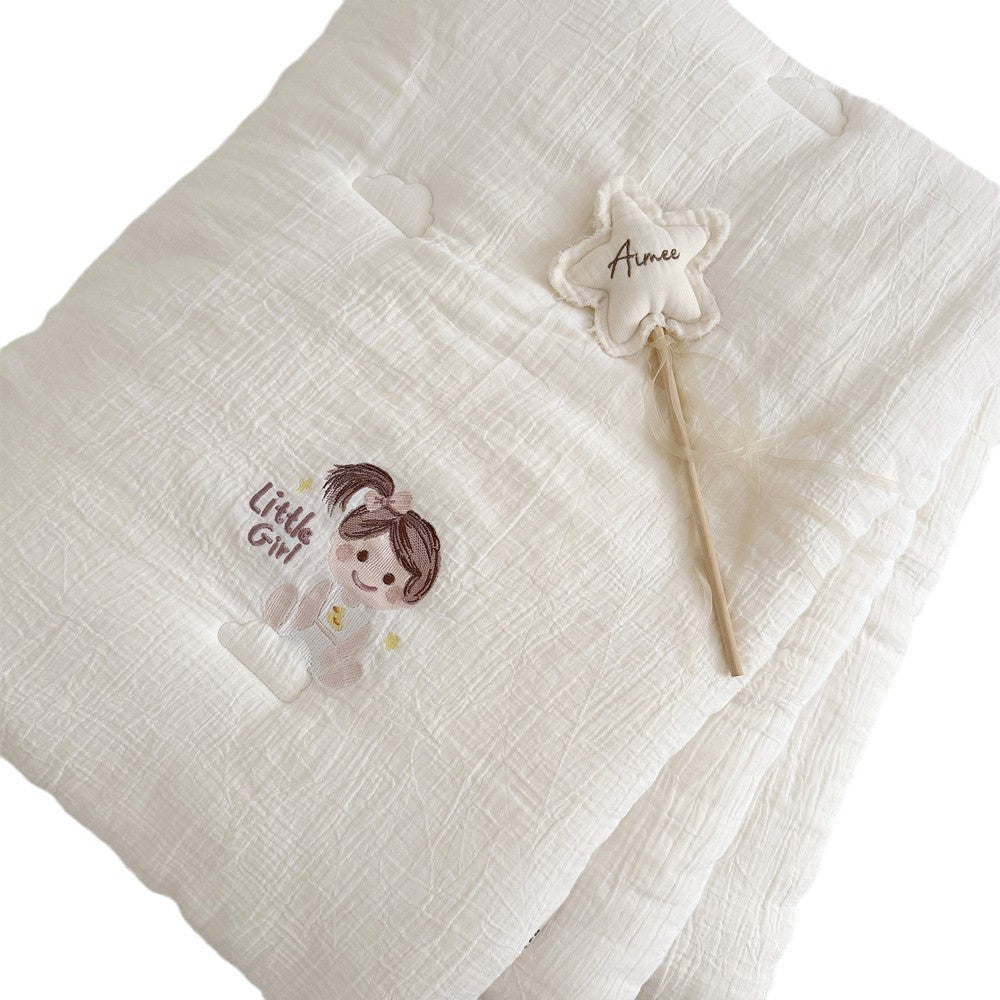 Baby cotton muslin cuddle blanket with embroidered girl motif