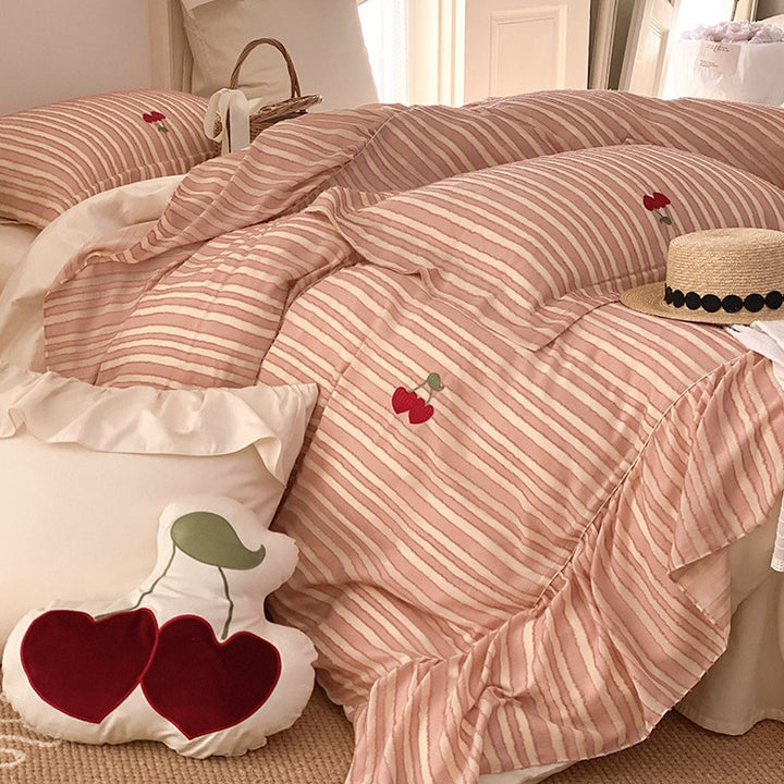 Striped bedding set made of cotton satin with cherry embroidery and ruffled edge