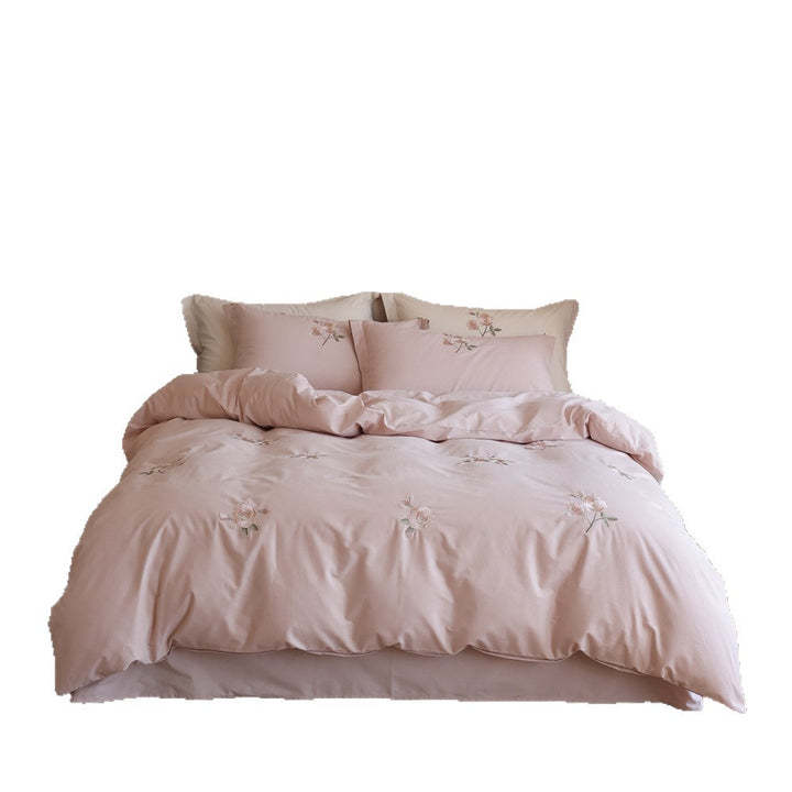 Elegant cotton satin bed cover set with rose embroidery and reversible look