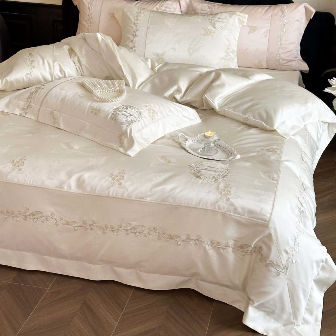 Luxurious cotton satin bedding set with embroidered medallion motif