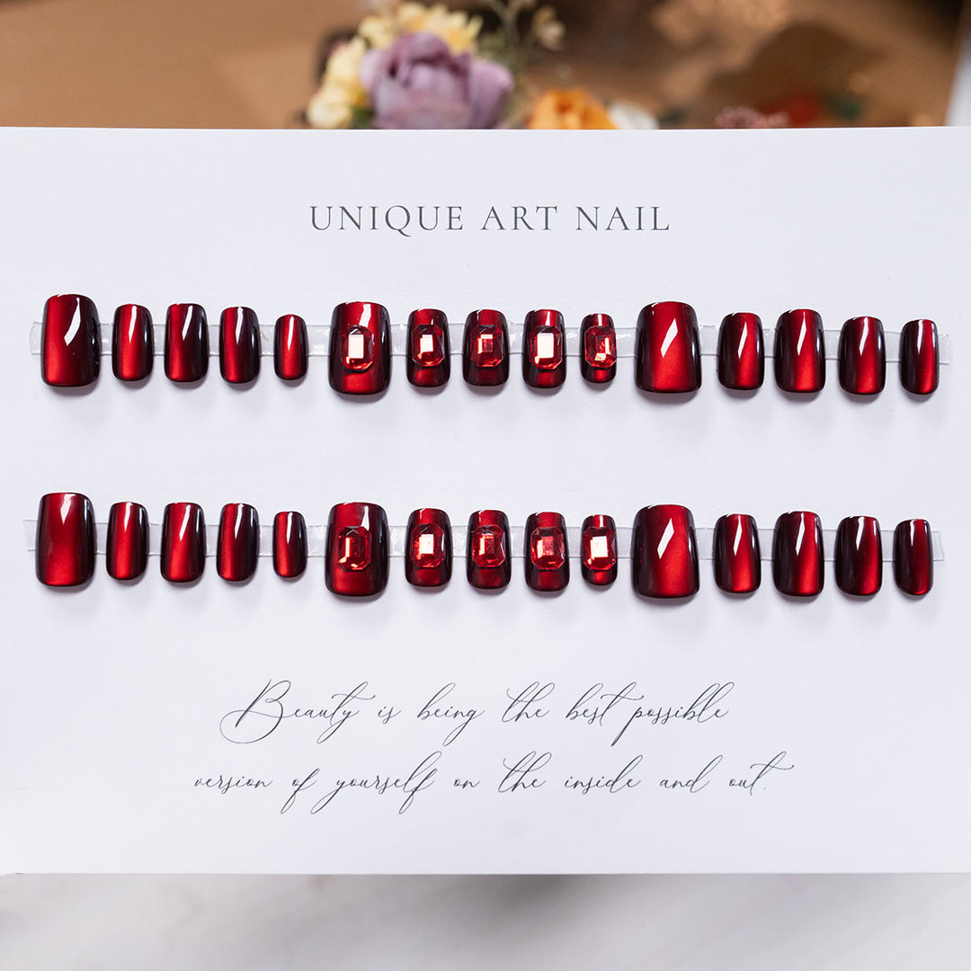 Premium Glossy Press-On Nail Set with Rhinestone Accents