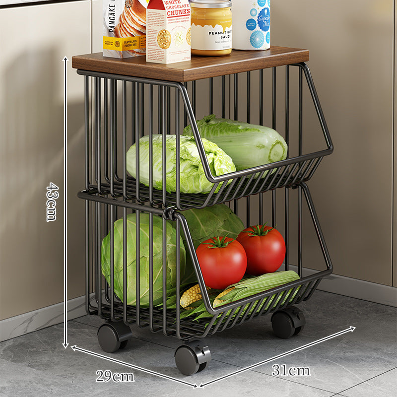 Countertop Wooden-Top Metal Wire Produce Storage Basket with Front-Tilt Access