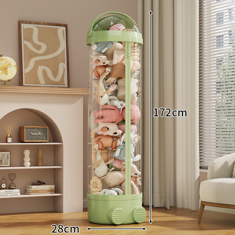 Tall Cylindrical Toy and Plush Storage Organizer with Clear Zip Cover and Rolling Vent Base