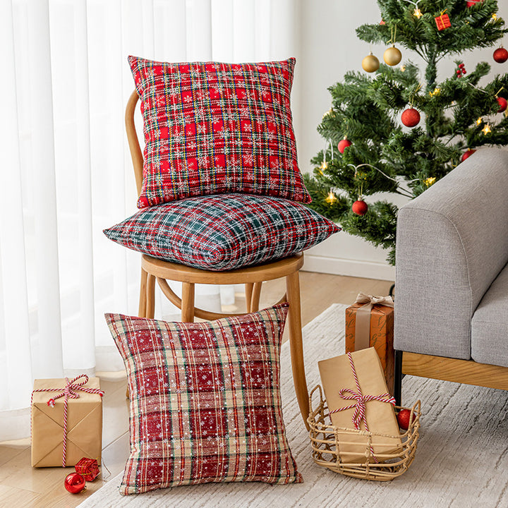 Decorative Holiday Plaid Throw Pillow Cover with Embroidered Snowflake Accents