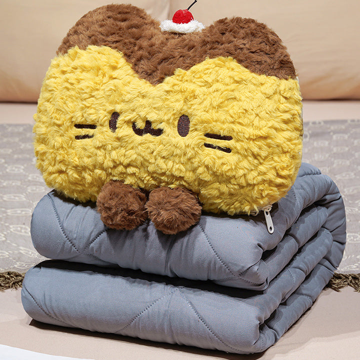 Cuddle set made of plush cat cushion and quilted travel blanket with zipper storage