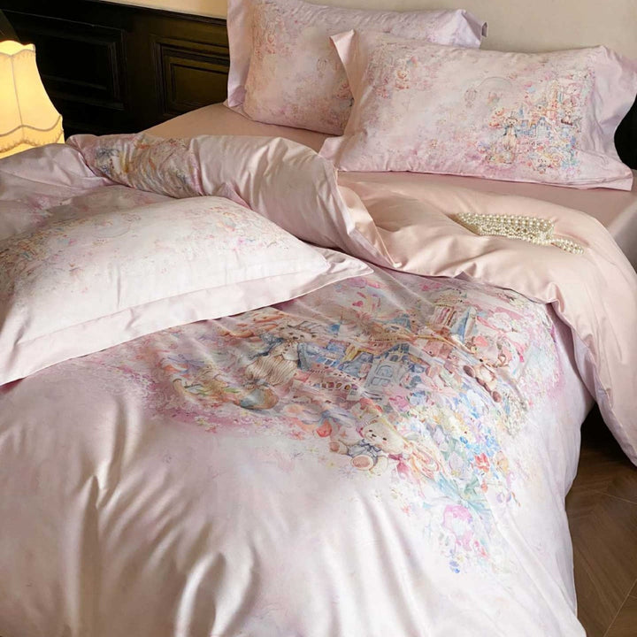 delicate cotton satin bedding set with a fairy-tale watercolor design
