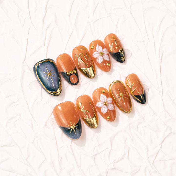 Artistic Floral Press-On Nail Art with Gold Accents Kalsten