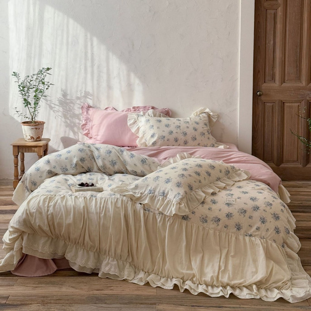 Romantic vintage bedding set with ruffle, floral print, and softly quilted comforter