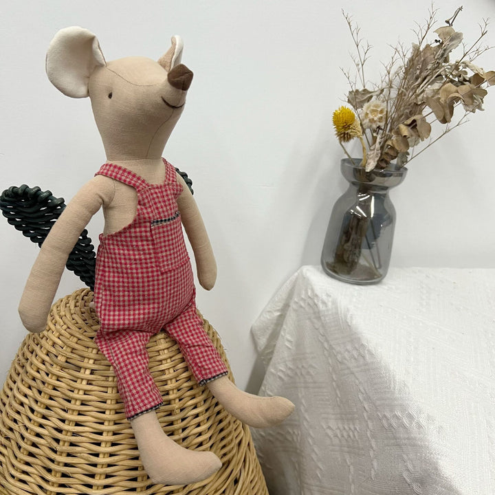 Handcrafted Linen Elephant Soft Toy Doll with Striped Ruffle Collar