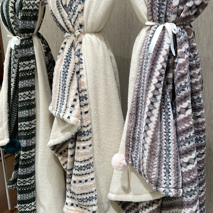 Oversized Striped Mohair Blend Scarf with Pom Pom