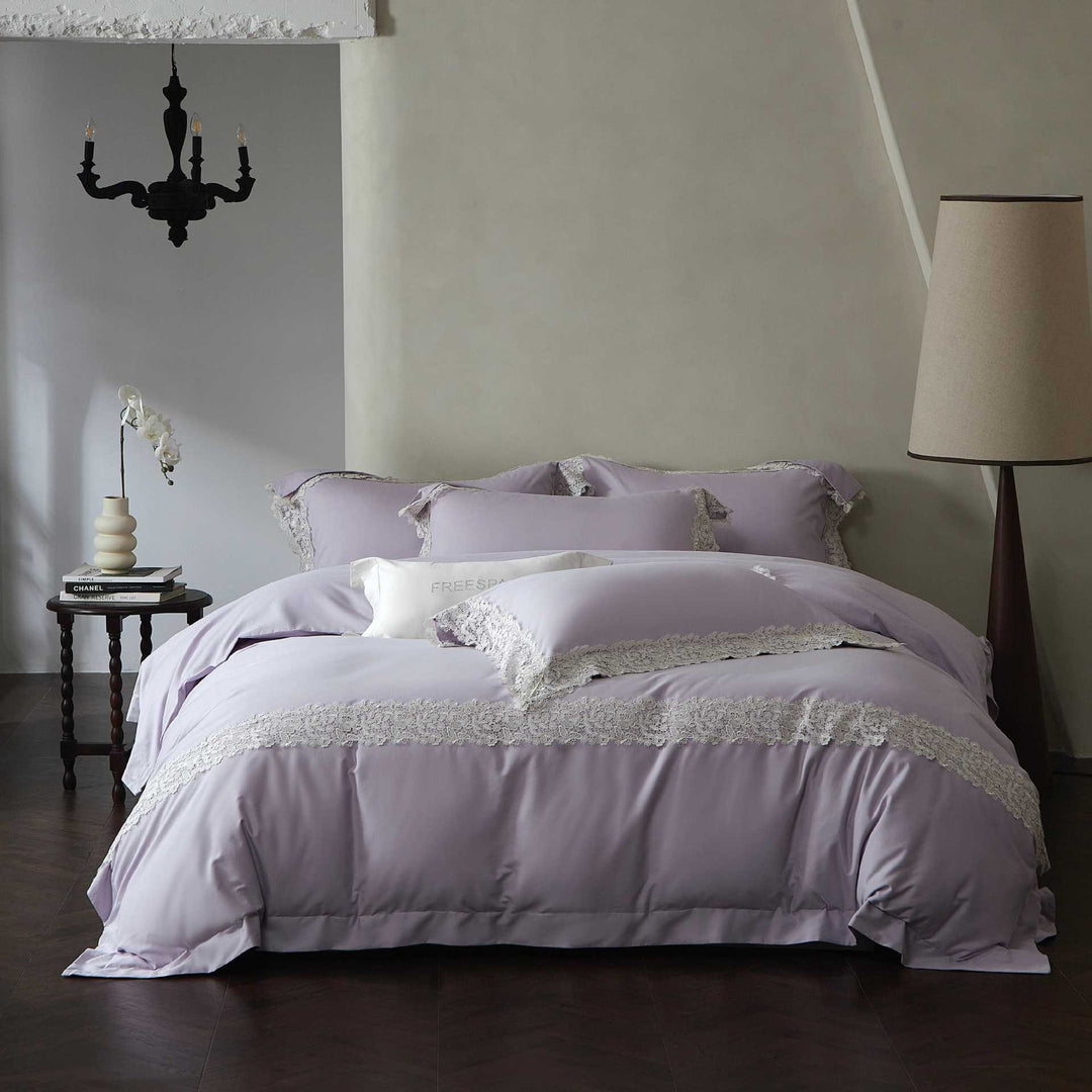 Luxurious cotton satin bedding set with decorative lace
