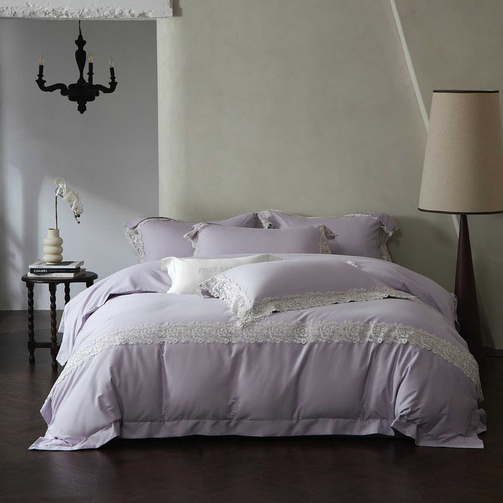 Luxurious cotton satin bedding set with decorative lace
