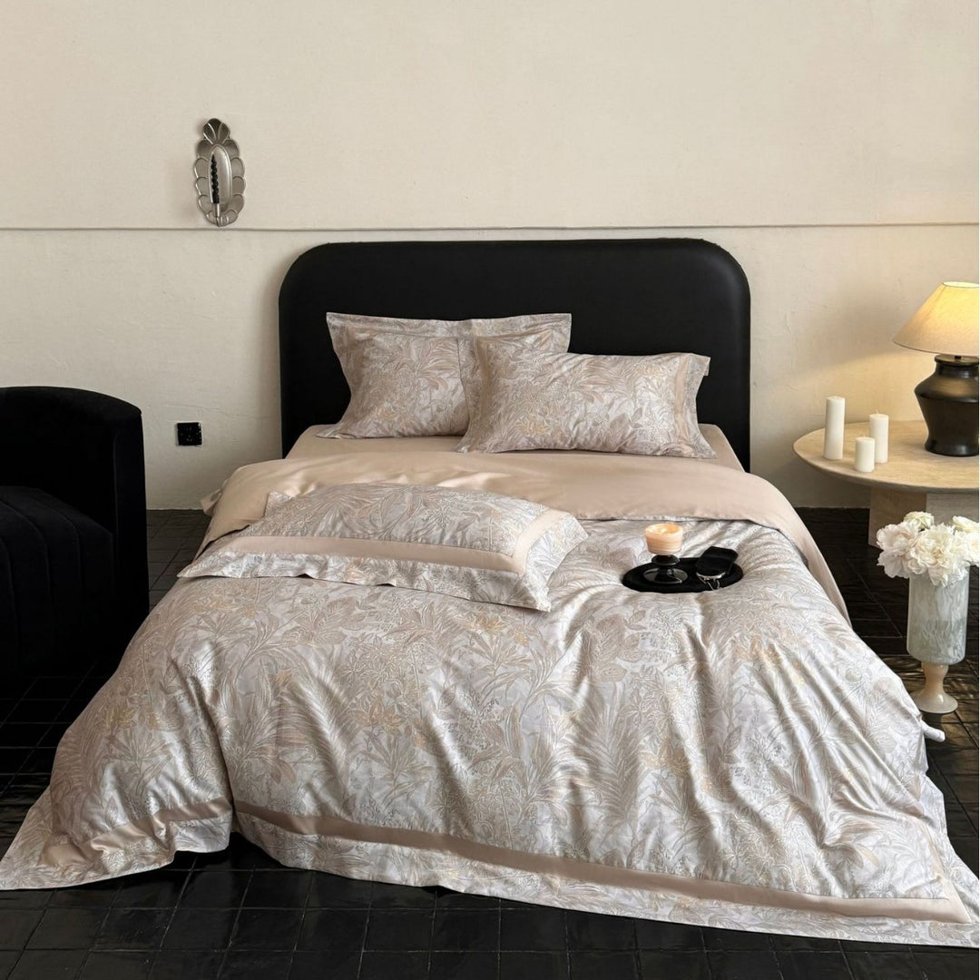 Luxurious satin bedding set with floral all-over pattern and satin border