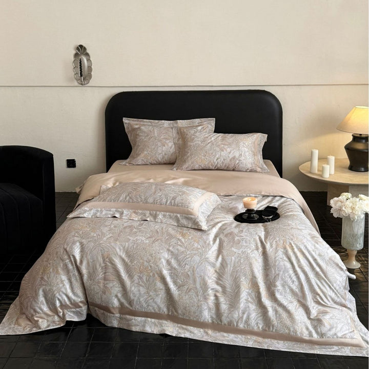 Luxurious satin bedding set with floral all-over pattern and satin border