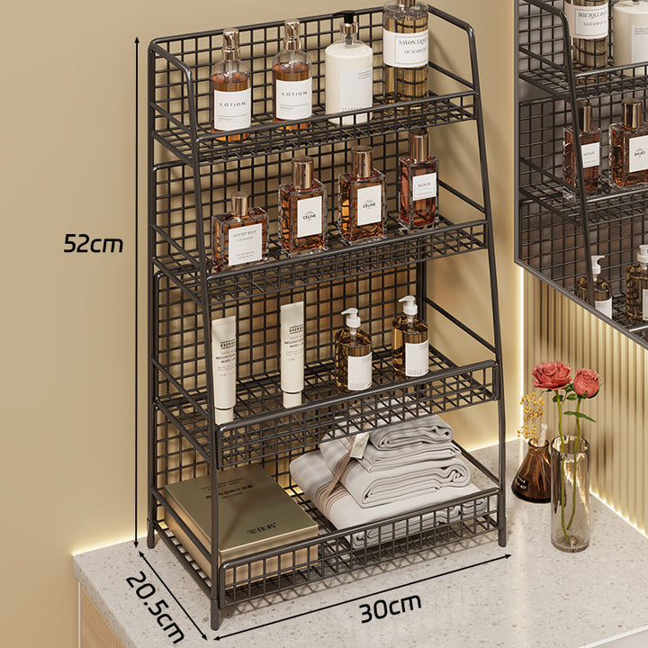 Angled Desktop Mesh Vanity and Countertop Organizer with Three Wire-Tier Baskets and Grid Back