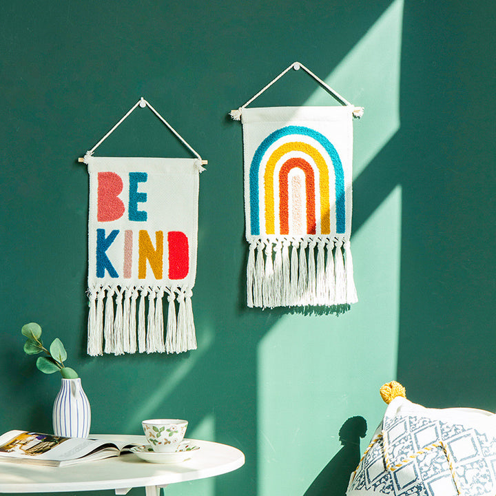 Boho wall hanging made of woven cotton with hand-tufted appliqués and fringes Kalsten