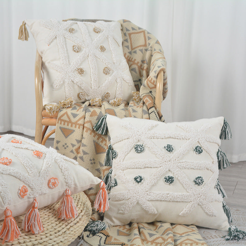 Decorative Textured Cotton Throw Pillow with Tassels and Tufted Geometric Pattern