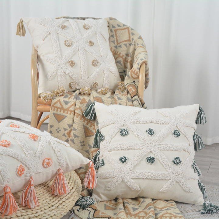 Decorative Textured Cotton Throw Pillow with Tassels and Tufted Geometric Pattern