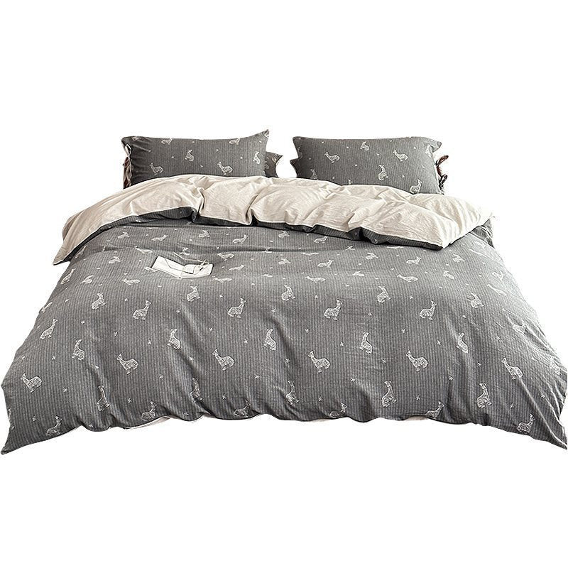 Reversible bedding set made of cotton-linen with a sketched sheep pattern and decorative ties