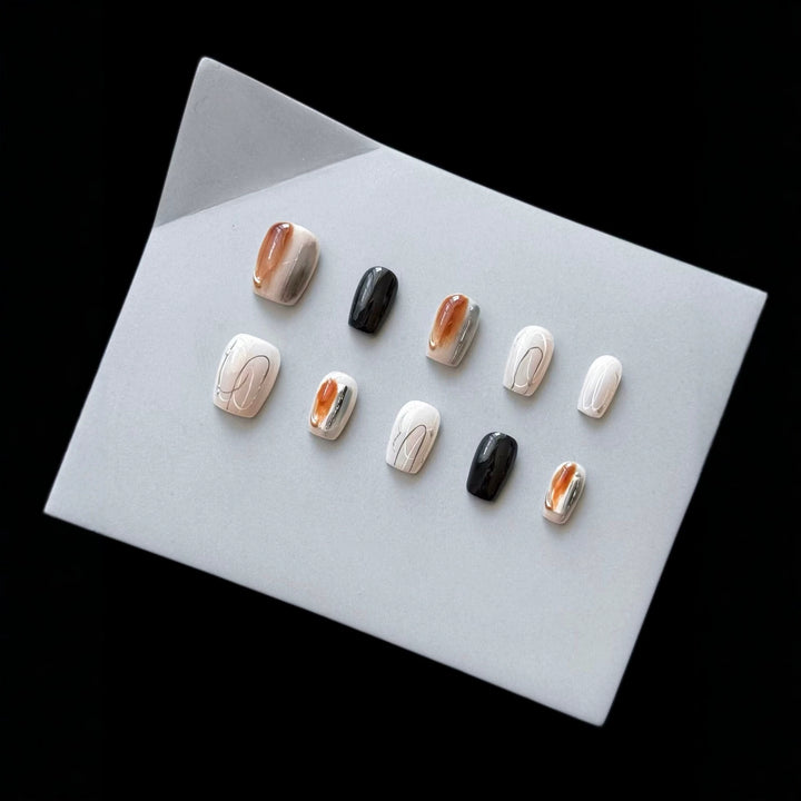 Artistic Press-On Nail Set with Marble and Glossy Finish