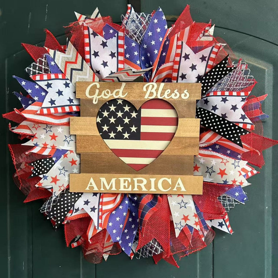 Unisex nan Patriotic Americana Decorative Front Door Wreath with Burlap Mesh Ribbon and Wooden Heart Plaque Kalsten