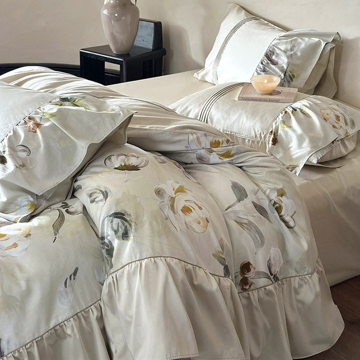Bedding set made of silky cotton satin with floral watercolor illustration and ruffle