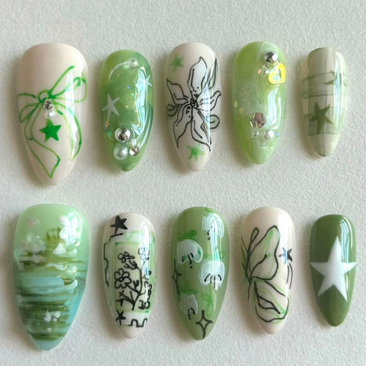 Artistic Green-Themed Nail Enhancements Kalsten