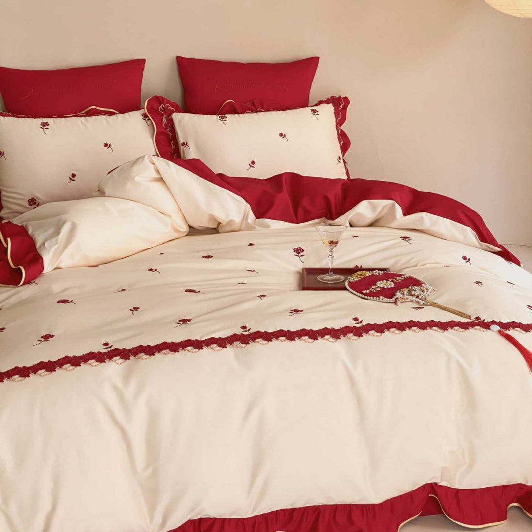 Luxurious cotton satin bedding set with ruffles and decorative seams