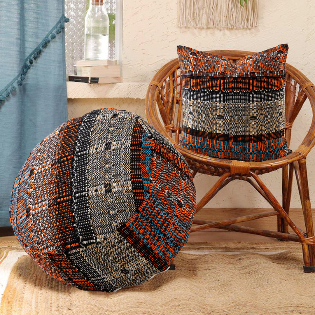 Beef woven pouf seat stool with carrying handle and canvas bottom