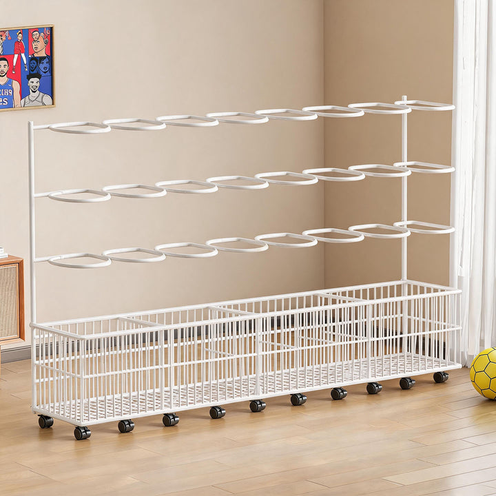 Vertical Rolling Sports Ball Organizer with Multi-Tier Cradles and Bottom Storage Basket