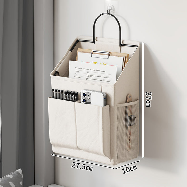 Wall-Mounted Canvas Pocket Organizer with Mesh Side Pouch and Metal Hook