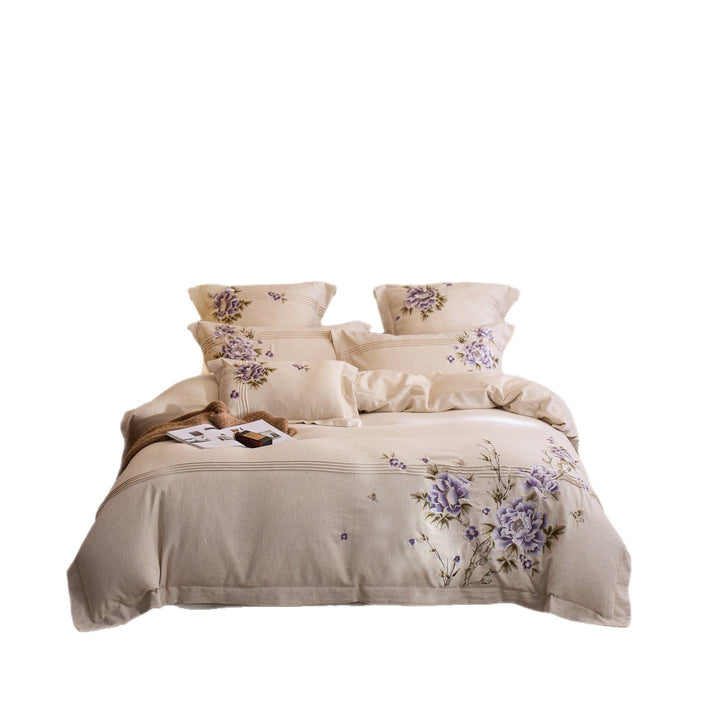 Fine embroidered cotton-linen duvet cover set with floral relief