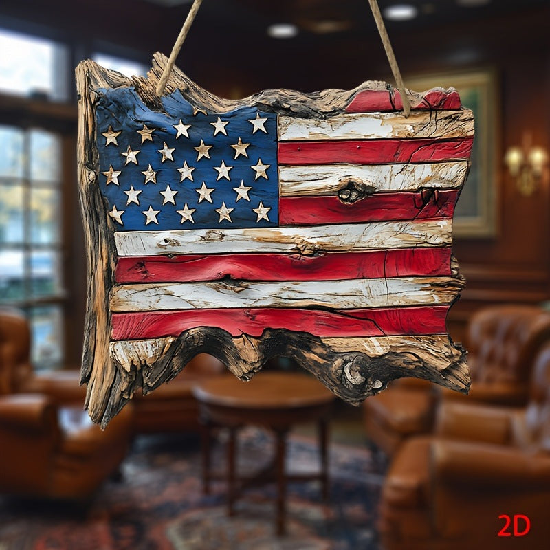 Unisex nan hand-carved rustic wood wall relief USA flag shape with 3D stars Kalsten