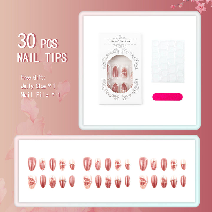 Decorative Press-On Nail Set with Pearl and Metallic Accents