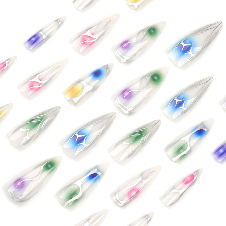 Artful stiletto nails with transparent design and colorful accents Kalsten
