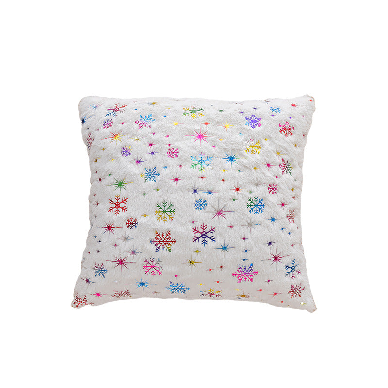 Holiday Faux Fur Decorative Throw Pillow with Foil Reindeer & Tree Print Plush Square Accent Cushion