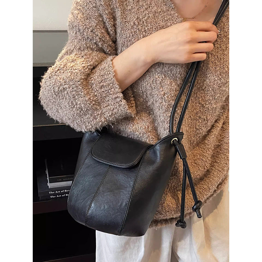 Vintage-Inspired Soft Leather Bucket Bag Kalsten